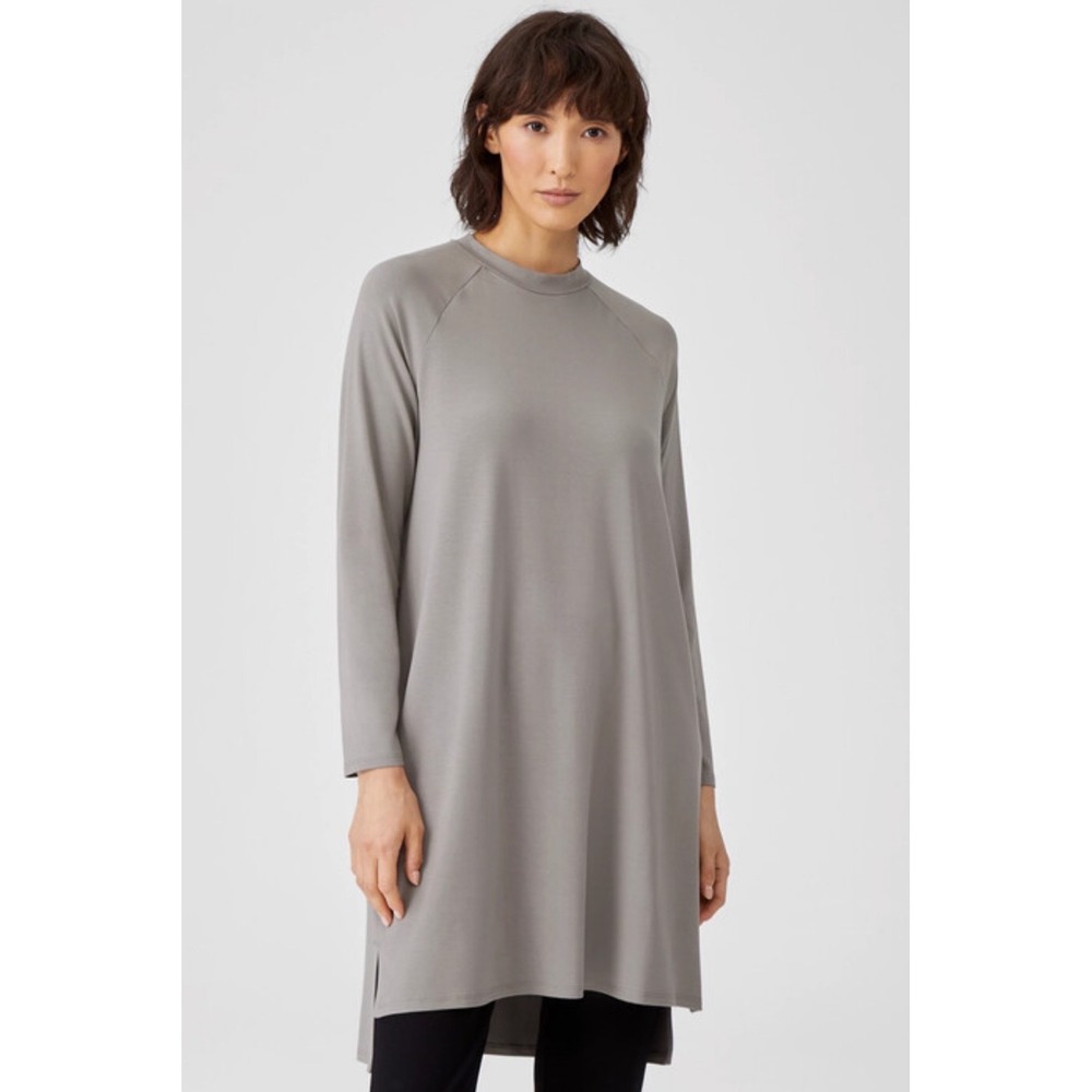 EILEEN FISHER Viscose Jersey Crew Neck Long Sleeve Midi Dress Taupe SP